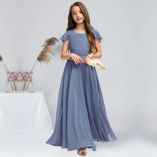 Girls' Formal Dress A-Line Square Neck Flowy Sleeve Floor-Length Chiffon Communion Dress Hot Sale Junior Bridesmaid Dress