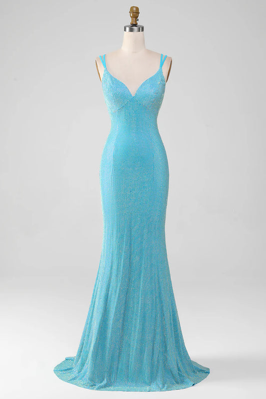 AerbaDress Sparkly Turquoise Mermaid Spaghetti Straps Long Prom Dress With Beading