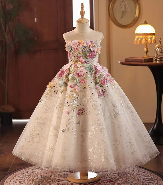 AERBA DRESS Wedding Flower Girl Dress Lace Flowers Sleeveless Princess Toddler Kids Wedding 1st Birthday Pageant Party Gown