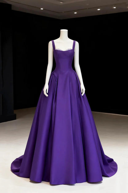 Stunning A Line Spaghetti Straps Sweetheart Neckline Beadwork Open Back Purple Satin Elegant Long Prom Dresses Formal Graduation Evening Dresses