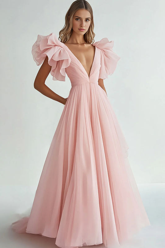 AERBA DRESS Formal Wear Dresses A Line Deep V Neck Romantic Chiffon Ruffles Long Fantastic Prom Dress
