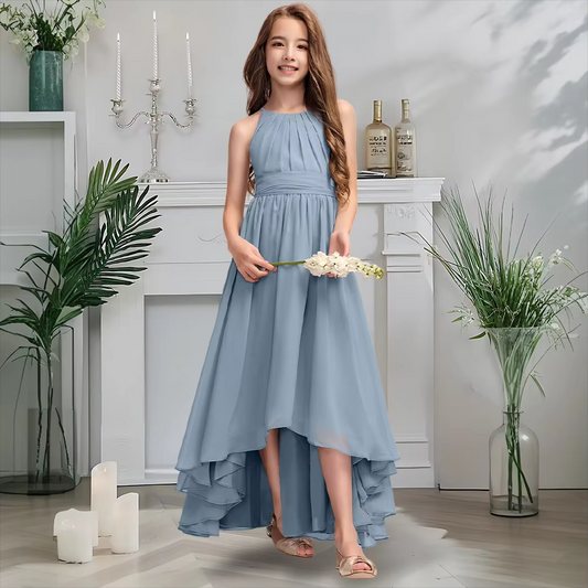 Girls' Formal Dress Graceful A Line Halter Neck Asymmetrical Ruffled Backless Simple Hot Sale Junior Bridesmaid Dress