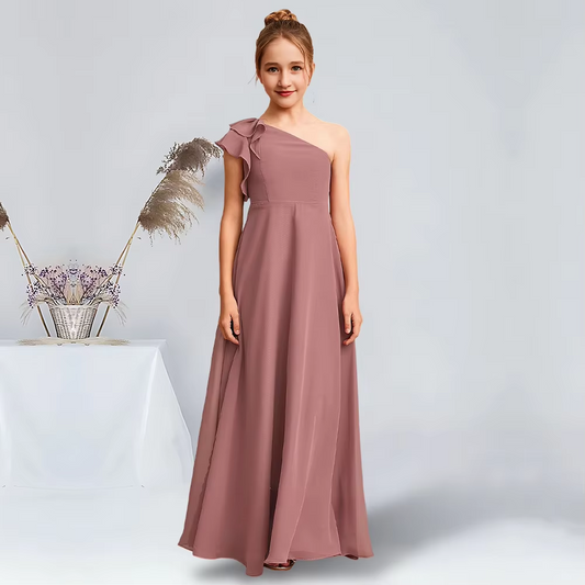 Girls' Formal Dress Elegant A-Line One Shoulder Floor-Length Stunning Party Wedding Guest Dress Hot Sale Junior Bridesmaid Dress