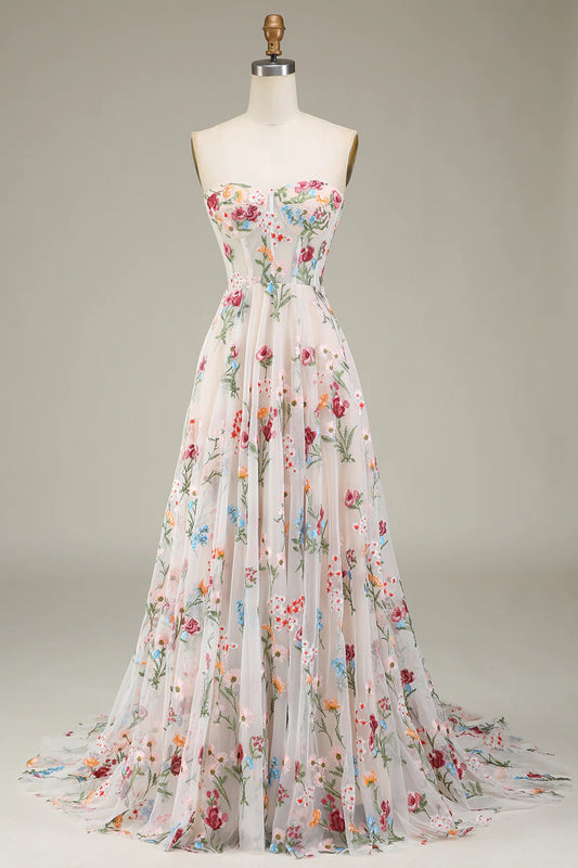 Aerba Dresses A-Line Sweetheart Long Corset Prom Dress With Flower