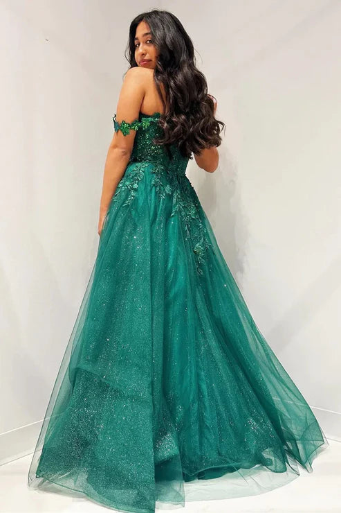 AerbaDress A-Line Long Prom Dresses Glitter Emerald Appliques Off-the-Shoulder