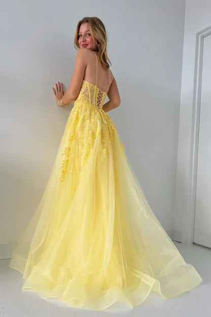 AerbaDress Fashion A-Line Evening Dress V Neck Yellow Tulle Lace Long Prom Dresses