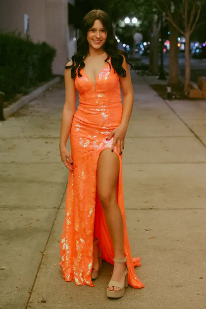 AerbaDress Orange V Neck Evening Dress Sequins Mermaid Long Prom Dresses