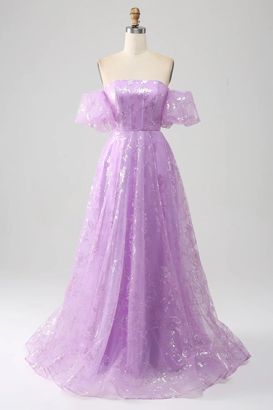 AerbaDress Lilac A Line Strapless Sparkly Sequin Long Prom Dress