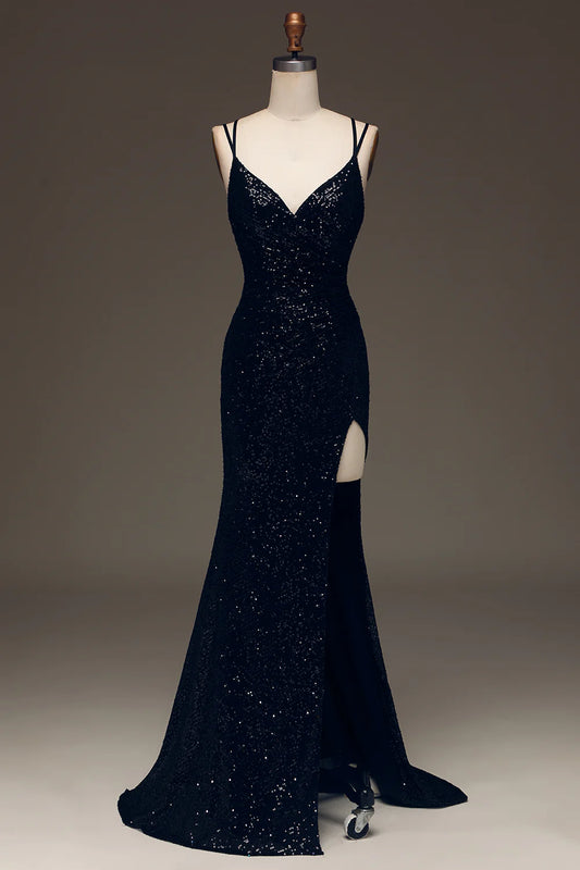 AerbaDress Black Sparkly Sequin Mermaid Long Prom Dress With Slit