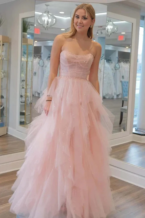 AerbaDress Light Pink Prom Dresses Strapless Sequin Beaded Tulle Stunning Evening Dress