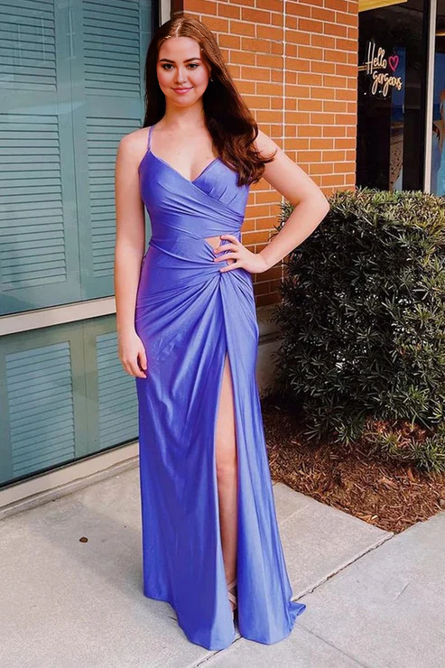 AerbaDress Sheath Prom Dresses Spaghetti Straps Corset Back Purple Evening Dress