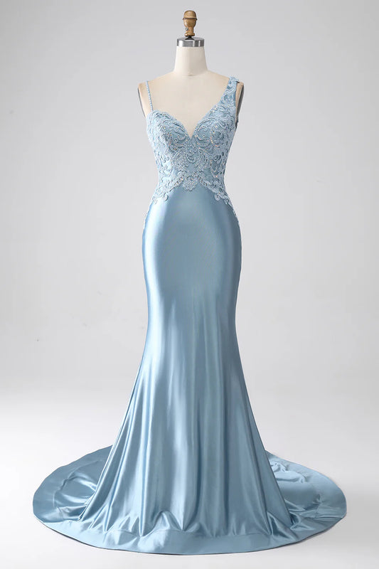 AerbaDress Grey Blue Mermaid Spaghetti Straps Long Beaded Prom Dress With Appliques