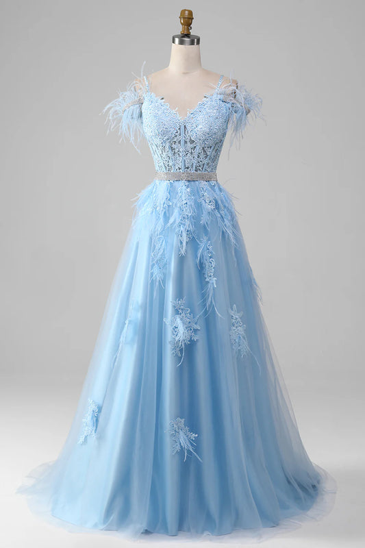 AerbaDress Light Blue A-Line Rhinestones Accents Corset Prom Dress With Appliques