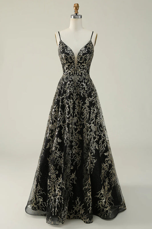 AerbaDress Black Golden Spaghetti Straps Long Prom Dress