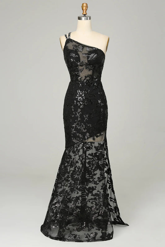 AerbaDress  Sheath One Shoulder Backless Black Lace Long Prom Dress