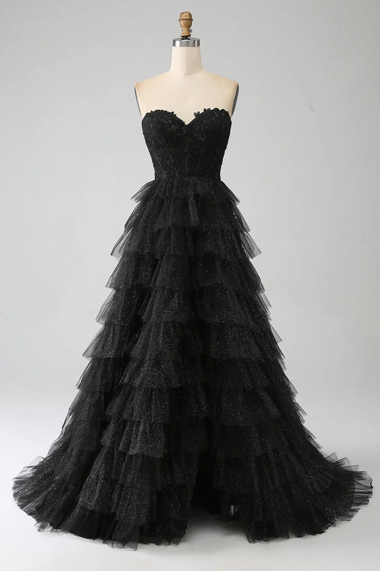 AerbaDress Glitter Sweetheart Black Corset Prom Dress with Slit