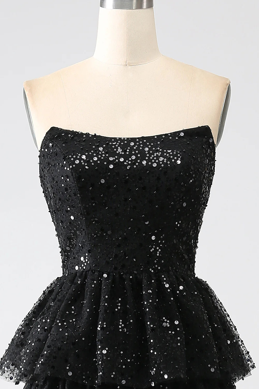 AerbaDress  A-Line Sequins Black Tiered Prom Dress with Slit