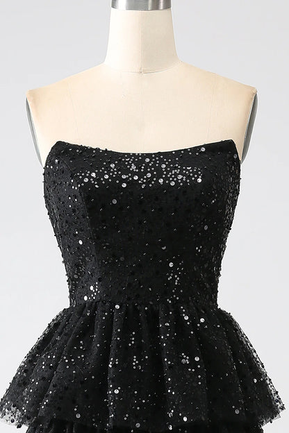 AerbaDress  A-Line Sequins Black Tiered Prom Dress with Slit