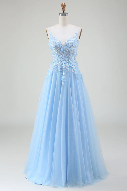 AerbaDress A-Line Light Blue Prom Dress with Appliques