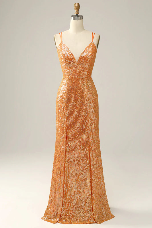 AerbaDress Orange Sequined Backless Mermaid Prom Dress