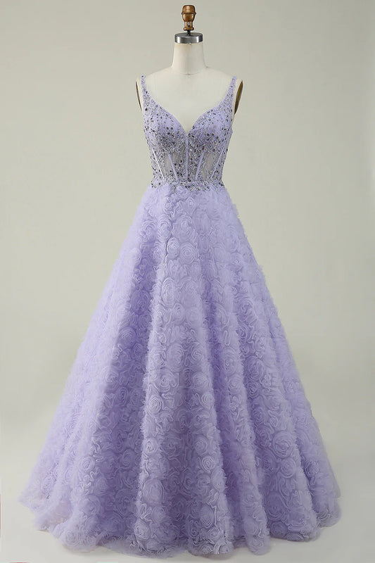 AerbaDress A Line V Neck Purple Long Prom Dress with 3D Flowers