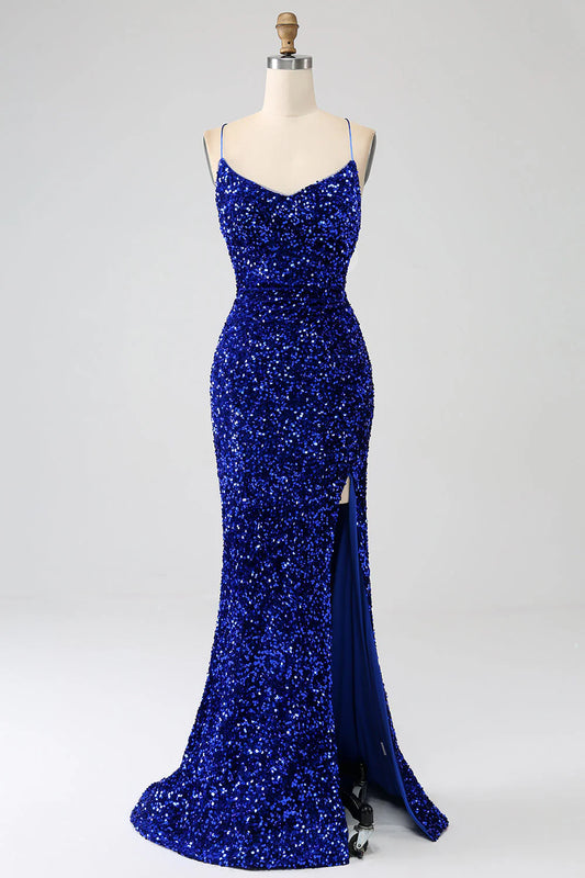 AerbaDress Sparkly Royal Blue Mermaid Spaghetti Straps Sequin Long Prom Dress With Split