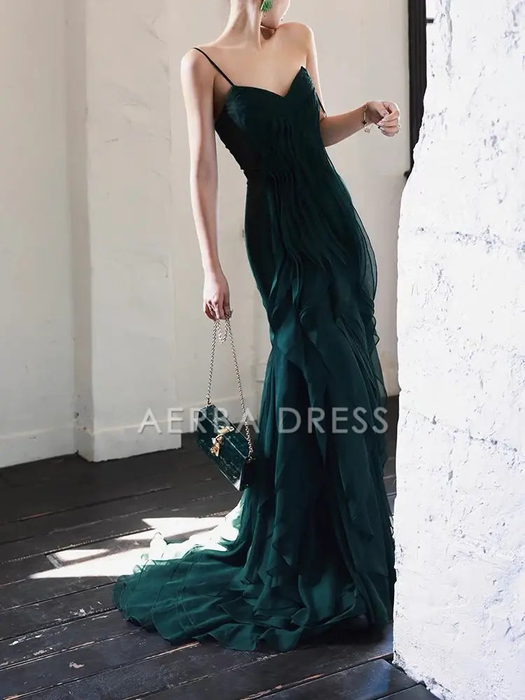 AERBA DRESS Prom Dress Sweetheart Spaghetti Strap Mermaid Ruffle Chiffon Long Irregular Unique Formal Wear Dresses