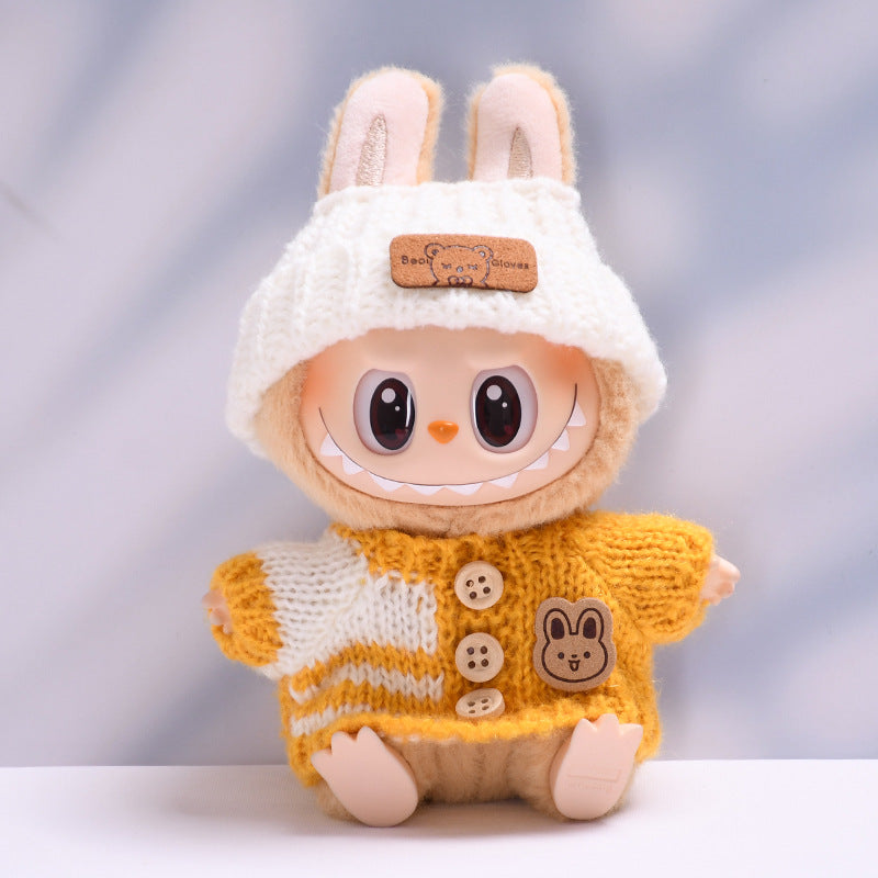 Handmade Labubu Outfit set rabbit button sweater teddy bear hat two-piece set (not including dolls)