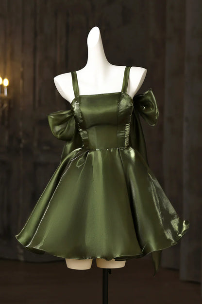 Beautiful Dark Green A-Line Bow Strap Square Neck Ruched Hem Cute Short Prom Dresses Formal Graduation Dress Homecoming Dresses