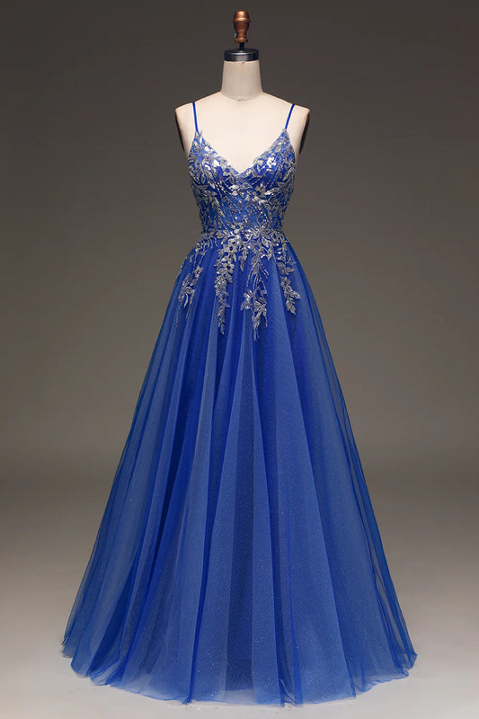 AerbaDress A-Line Sequins Royal Blue Prom Dress with Appliques