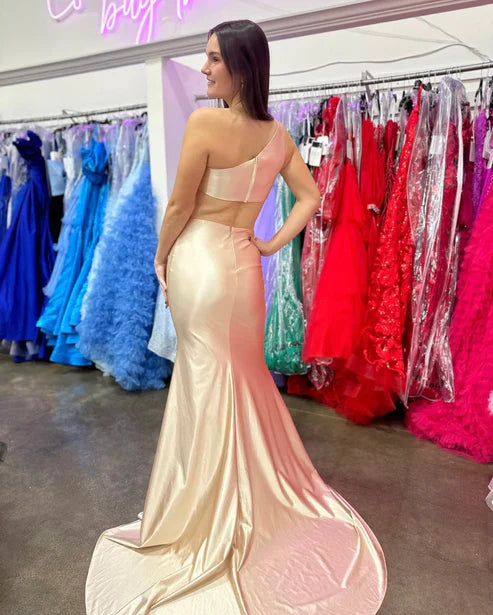 AerbaDress Elegant Silk Satin One Shoulder Mermaid Long Champagne Prom Dresses