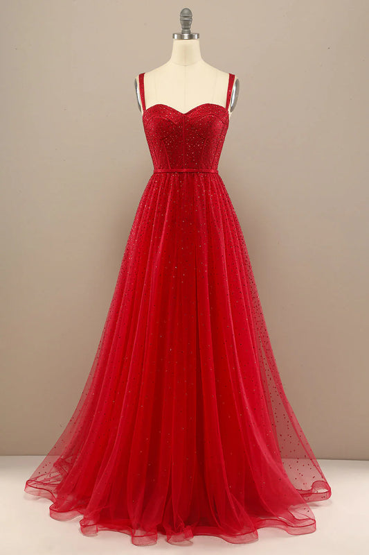 AerbaDress A Line Sweetheart Tulle Red Prom Dress with Beading