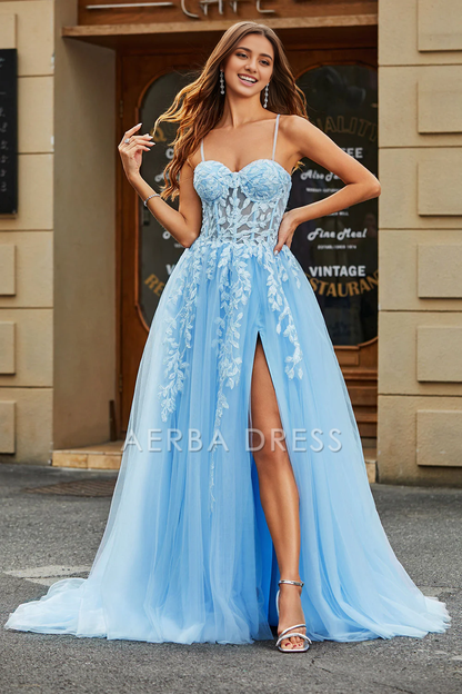 AERBA DRESS Formal Wear Dresses Tulle A-Line Spaghetti Straps Corset With Appliques Side Fork Long Romantic Prom Dress