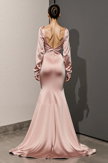 Charming Light Pink Satin Mermaid Deep V Neck Waist Knot Backless Long Sleeves Exquisite Long Formal Dress Hot Sale Evening Dress