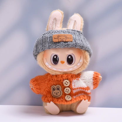 Handmade Labubu Outfit set rabbit button sweater teddy bear hat two-piece set (not including dolls)