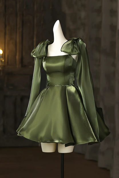 Beautiful Dark Green A-Line Bow Strap Square Neck Ruched Hem Cute Short Prom Dresses Formal Graduation Dress Homecoming Dresses