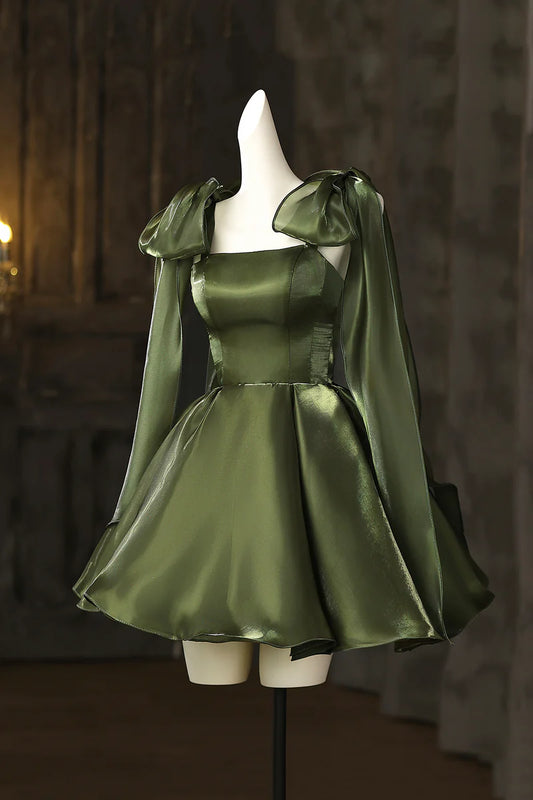 Beautiful Dark Green A-Line Bow Strap Square Neck Ruched Hem Cute Short Prom Dresses Formal Graduation Dress Homecoming Dresses