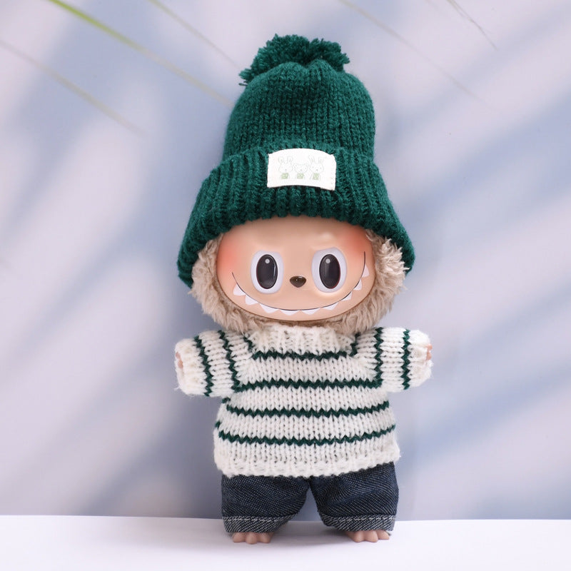 Handmade Labubu set can be paired with Labubu V1 Macaron and V2 with seat green striped sweater hat set+jeans (excluding dolls)