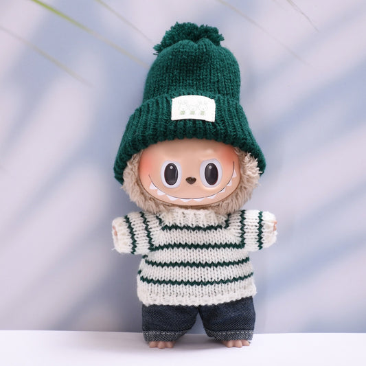 Handmade Labubu set can be paired with Labubu V1 Macaron and V2 with seat green striped sweater hat set+jeans (excluding dolls)