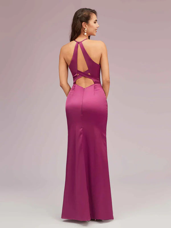 AerbaDress Bridesmaid Dresses Online Open Back Mermaid Halter Side Slit Soft Satin