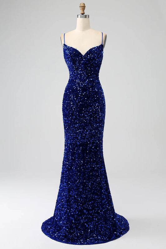 AerbaDress Elegant Royal Blue Mermaid Spaghetti Straps Velvet Sequin Long Prom Dress