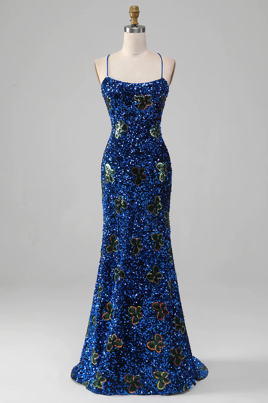 AerbaDress Royal Blue Mermaid Spaghetti Straps Sequins Prom Dress With Slit