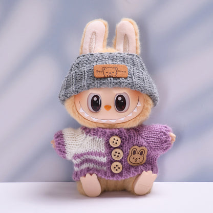 Handmade Labubu Outfit set rabbit button sweater teddy bear hat two-piece set (not including dolls)