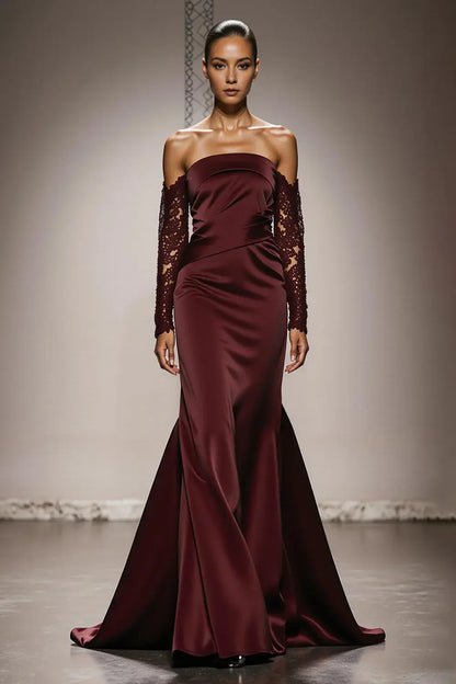 High Grade Burgundy Satin Mermaid Off the Shoulder Strapless with Lace Sleeves Backless Exquisite Long Formal Dress Hot Sale Evening Dress