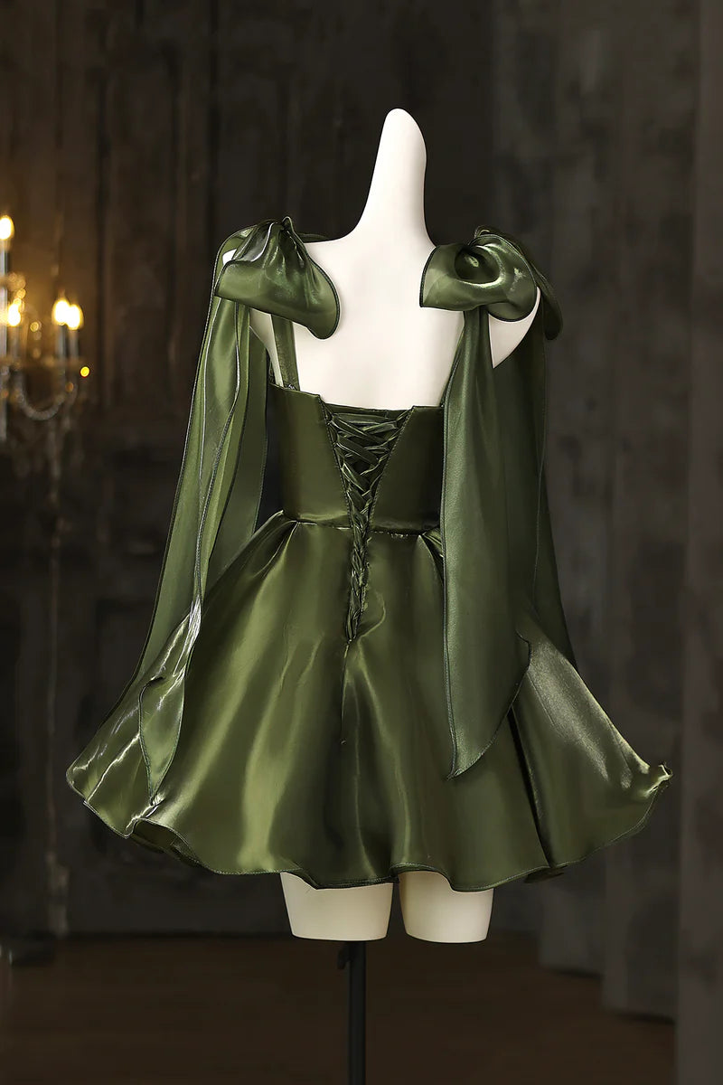 Beautiful Dark Green A-Line Bow Strap Square Neck Ruched Hem Cute Short Prom Dresses Formal Graduation Dress Homecoming Dresses