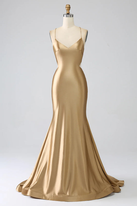AerbaDress Golden Mermaid Spaghetti Straps Satin Long Prom Dress with Lace-up Back