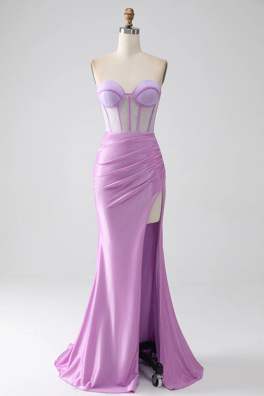 AerbaDress Lilac Mermaid Strapless Corset Prom Dress with Slit