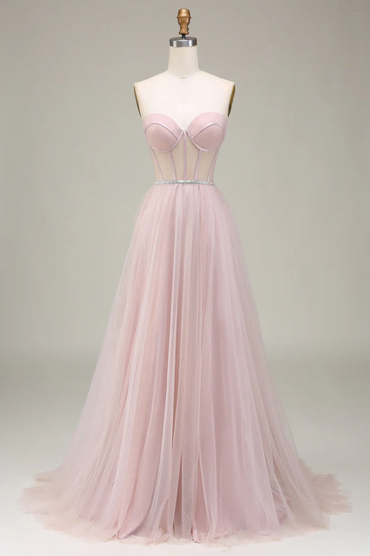 AerbaDress Tulle Sweetheart Light Pink Prom Dress with Corset