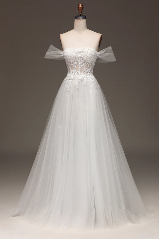 AerbaDress White Off the Shoulder A Line Corset Prom Dress with Appliques