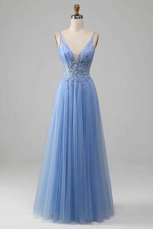 AerbaDress Light Blue A-Line V Neck Tulle Prom Dress With Appliques